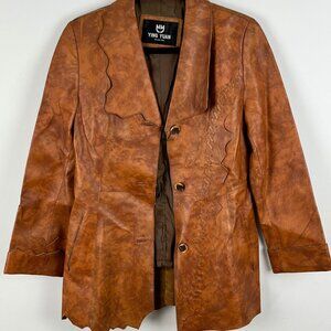 Ying Yuan Leather Jacket Size M Brown Long Sleeve Button Up Lined Collared